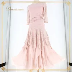 社交ダンス 衣装 スタンダード 上下セット ツーピース レッスンウェア パーティ衣装 Roger 花柄 レース くすみピンク系 シンプル 華やか フェミニン ダンスウェア スカート トップス 花柄 レース素材 ラインストーン 伸縮性 上品