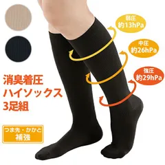 【新品正規品/同色3足セット】消臭 着圧ハイソックス 3足組 3061030 3061130 かかと補強 つま先補強 着圧ハイソックス 着圧靴下 段階着圧 消臭加工 ブラック ベージュ MIKASA 三笠