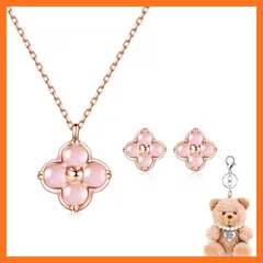 【新品】 [FH.bird] ローズクオーツ ピアス ネックレス セット ピンクゴールド 四つ葉 クローバー 「美しい祈り」シルバー925 金属アレルギー対応 10月誕生石 ネックレス ピンク シンプル ギフト 女性 人気 ジュエリー バレンタイン ギフト 0