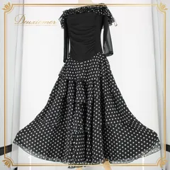 社交ダンス 衣装 スタンダード ドレス ワンピース パーティドレス ドット 水玉 白 黒 ICHIOKU イチオク ホワイト系 ブラック系 レース フリル レトロ 可愛い スカート フレア ゆったり おしゃれ 独特 デザイン 膝下 伸縮性 ポリエステル