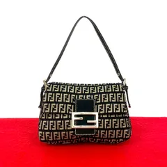 極 美品 FENDI フェンディ マンマバケット ズッキーノ FF 柄 コットン キャンバス スウェード レザー ハンドバッグ ブラック ベージュ21451