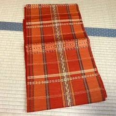 リユース品　名古屋帯 オレンジ チェック柄　材料用