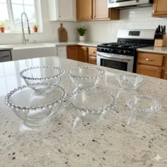 送料無料！　E　【3サイズセット】縁のビーズが可愛い クリスタル調 ガラスボウル 6点セットFG2320
