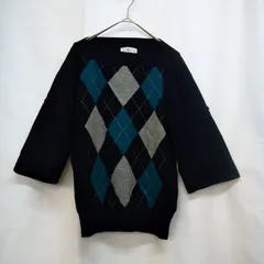 M1-02498【Women】KUMIKYOKU(クミキョク) 七分袖ニット (2:XS相当) / ネイビー アーガイル柄 表、左腕に小さい穴有 K