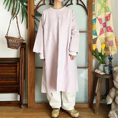 20's フランスアンティーク リネン 薄紫後染め イニシャル 長袖ワンピース（m091）