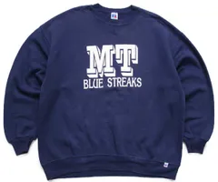 90s USA製 RUSSELLラッセル MT BLUE STREAKS ひび割れプリント 前V スウェット 紺 XXL★特大 ビンテージ カレッジ スポーツ ビッグサイズ