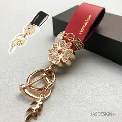キーホルダー 四つ葉 クローバー ストラップ スマートキー バッグチャーム キーリング 四葉 キラキラ よつ葉 花 韓国 かわいい レザー 鍵 ラインストーン ブラック レッド 送料無料 JM-395