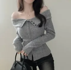 ボタン付きグレーオフショルダー 裏起毛 ably 冬 トップス ニット