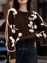 手編み フラワー ニットカーディガン