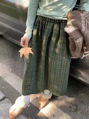 [冬新作]タータンSK チェック コットン混ウール ウエストゴム ポケット ロング丈スカート