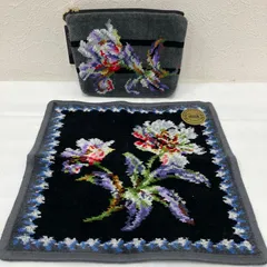 8957　FEILER フェイラー　ポーチ　ハンカチ　2点セット　同柄　グレー　ブラック　黒　花柄　フラワー　シール付き　タグ付き　レディース　シンプル　きれいめ　上品　シュニール織り