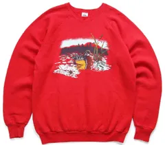 80s USA製 ダック アート スウェット 赤 XL★ビンテージ オールド カモ 風景画 ラグランスリーブ ビッグサイズ