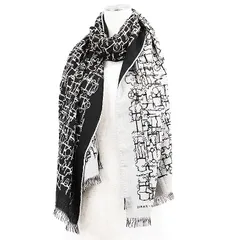 HERMES エルメス ストール コレクシオン・エケストル カシミヤ × シルク ダブルフェイス フリンジ スカーフ マフラー 小物 メンズ レディース ユニセックス グレー ブラック 黒 灰色 イギリス製