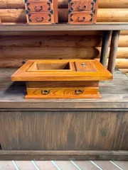 【アンティーク】木製 長火鉢風 小物入れ 銅張り（隠し引き出し付き）