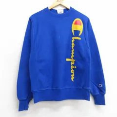 S/古着 長袖 チャンピオン Champion リバースウィーブ メンズ ビッグロゴ フロッキープリント クルーネック 青 25dec10