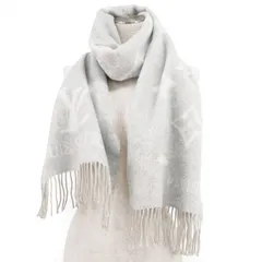 【美品】LOUIS VUITTON ルイ・ヴィトン マフラー エシャルプ・レイキャビック M71126 カシミヤ100% LV ロゴ モノグラム ダブルフェイス フリンジ 大判 スカーフ ストール 小物 ユニセックス オフホワイト アイボリー 英国製