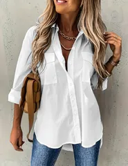 【ホワイト】レディース シャツ ブラウス 長袖 オーバーサイズ きれいめ 無地 オフィス カジュアル ゆったり 体型カバー シンプル 前開き