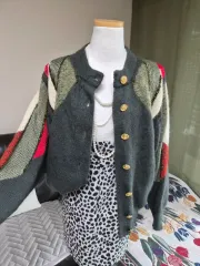 ハイクオリティLINE ユニーク デザインテープたっぷり ルーズフィット ニットジャケット