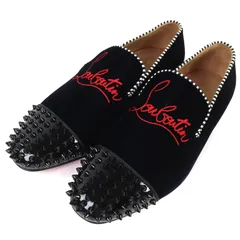 極美品△Christian Louboutin クリスチャンルブタン Spooky flat pat velv brode ロゴ刺繍 スパイクスタッズ ベルベット ローファー パンプス ダークネイビー ブラック レッド 41 イタリア製 メンズ