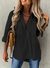 【ブラック】レディース シャツ ブラウス 長袖 オーバーサイズ きれいめ 無地 オフィス カジュアル ゆったり 体型カバー シンプル 前開き