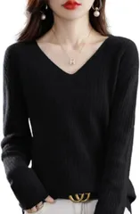 Lopis ニット レディース Vネック セーター 長袖 トップス 上品 リブ きれいめ 婦人服 お洒落 可愛い エレガント 着心地 小顔効果 (ブラック,  M)