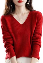 Lopis Women's Knit V-Neck Sweater with Long Sleeves, Elegant Ribbed Top, Stylish, Cute, Elegant, Comfortable, Slimming, (Red, Size XL)