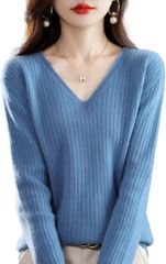 Lopis Women's Knit V-Neck Sweater with Long Sleeves, Elegant Ribbed Design, Stylish, Cute, Elegant, Comfortable, and Slimming (Blue, M)