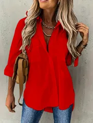 【レッド】レディース シャツ ブラウス 長袖 オーバーサイズ きれいめ 無地 オフィス カジュアル ゆったり 体型カバー シンプル 前開き