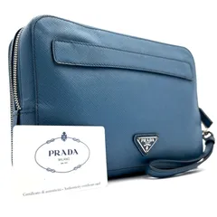 美品・希少色 PRADA プラダ クラッチバッグ セカンドバッグ 三角ロゴ 白タグ サフィアーノレザー 多収納 大容量 トラベル ビジネス メンズ スカイブルー
