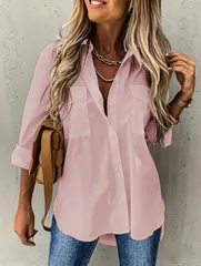 【ピンク】レディース シャツ ブラウス 長袖 オーバーサイズ きれいめ 無地 オフィス カジュアル ゆったり 体型カバー シンプル 前開き
