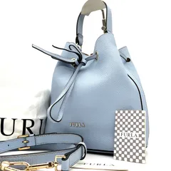未使用に近い FURLA フルラ コスタンザ 2way ハンドバッグ ショルダーバッグ レザー ロゴ おしゃれ 人気 レディース 巾着 手持ち 斜め掛け スカイブルー