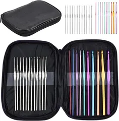 GRHONC かぎ針 0.6mm-6.5mm かぎ針ケース PUレザー 編み針 レース針 10号 編み物 手芸 (ブラック,  22本セット)
