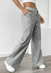 【グレー】ワイドパンツ レディース ストライプ ハイウエスト 綿混 ロングパンツ 春夏 カジュアル 体型カバー 美脚 コットン ロング ゆったり