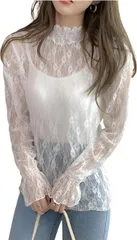 REG8（レグエイト） 花柄 ブラウス ハイネック シースルー 刺繍 シア― シャツ 韓国 人気 長袖 トップス 総レース (ホワイト,  XL)