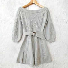 CECIL McBEE セシルマクビー オフショル ニット ミニワンピース フレア ワンピース ケーブル編み ベルト付  グレー Mサイズ ◎、◇〇☆