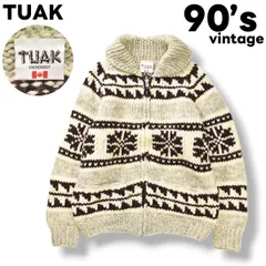 90s ヴィンテージ カナダ製 トゥアック TUAK ピュア ヴァージン ウール 100％ カウチン ニット セーター カーディガン ラグランスリーブ ショールカラー ヘチマ襟 ハンドメイド F ノルディック柄 グレーxクリームxブラウン メンズ