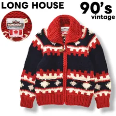90s ヴィンテージ カナダ製 ロングハウス LONG HOUSE ピュア ヴァージン ウール カウチン ニット セーター カーディガン ラグランスリーブ ショールカラー ヘチマ襟 ハンドメイド 38 ノルディック柄 レッド x ネイビー メンズ