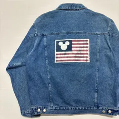 90s ディズニーストア デニムジャケット M ミッキー 星条旗 国旗 柄 バックプリント Gジャン ジージャン ヴィンテージ 古着 Disney Store メンズ レディース アメカジ グランジ 春アウター 希少 マカオ製【6046ST】