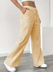 【イエロー】ワイドパンツ レディース ストライプ ハイウエスト 綿混 ロングパンツ 春夏 カジュアル 体型カバー 美脚 コットン ロング ゆったり