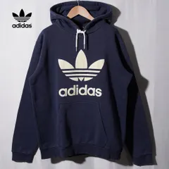 アディダス オリジナルス adidas ORIGINALS パーカー XL ネイビー イエロー ビックロゴ トレフォイルマーク 刺繍 メッシュ ストリート オーバーサイズ  フーディー 長袖 古着 J612