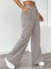 【ライトブラウン】ワイドパンツ レディース ストライプ ハイウエスト 綿混 ロングパンツ 春夏 カジュアル 体型カバー 美脚 コットン ロング ゆったり