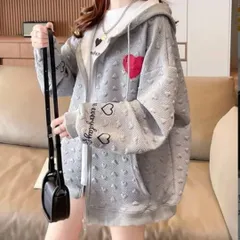 miniministore ジップパーカー レディース 春秋 長袖 トップス ゆったり 前開き フード付きトレーナー エンボス加工 ゆるアウター 韓国 長袖トップス フーディー 体型カバー ライトグレー カジュアル ハートストリート【XXL】2601016AP