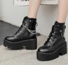 ＜在庫処分＞レディース マーティンブーツ パンク風 ショートブーツ 厚底 金属チェーン 丸トゥ ハイヒール ショート靴　bu1