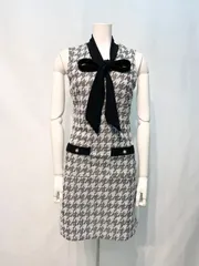 2195 キャバクラ ドレス ミニ ワンピース ノースリーブ 千鳥柄 ストレッチ フロントリボン 二次会 パーティー キャバドレス XS