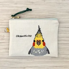 オカメインコの手刺繍、12センチフラットファスナーポーチ