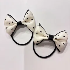 【水玉リボンヘアゴム】2個セット ホワイト ブラック ベビー キッズ ドット柄 モノトーン