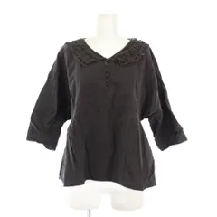 サマンサモスモス SM2 シャツ ブラウス プルオーバー 七分袖 ハーフボタン クロシェ襟 ワンカラー 麻 リネン F チャコールブラック /BB ■GY58