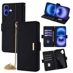 iPhone16/iPhone16e/iPhone16Plus/iPhone16Pro/iPhone16ProMax 手帳型スマホケース レディース｜高見え金属プレート付き｜金属チェーンショルダー対応｜多機種対応 【ブラック XJT】