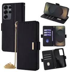 Samsung GalaxyS25Ultra/GalaxyS25/GalaxyS24Ultra/GalaxyS24 手帳型スマホケース レディース｜高見え金属プレート付き｜金属チェーンショルダー対応｜多機種対応 【ブラック XJT】