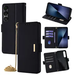 SONY Xperia 1VII/SONY Xperia 10VI 手帳型スマホケース レディース｜高見え金属プレート付き｜金属チェーンショルダー対応｜多機種対応 【ブラック XJT】